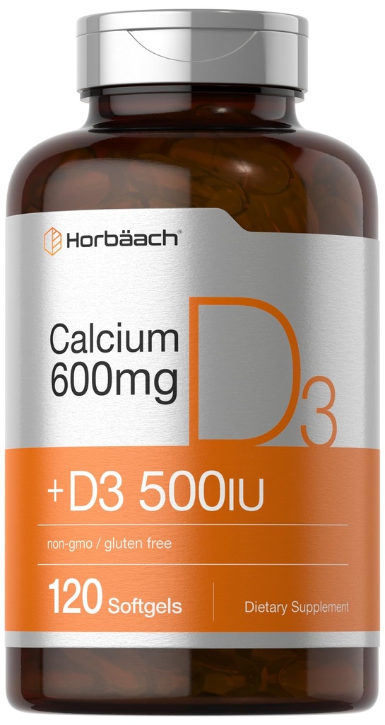 Horbäach kalcija piedevas ar vitamīnu D3 - 600 mg - 120 Softgels - Non-GMO & Gluten bezmaksas - vīriešiem un sievietēm