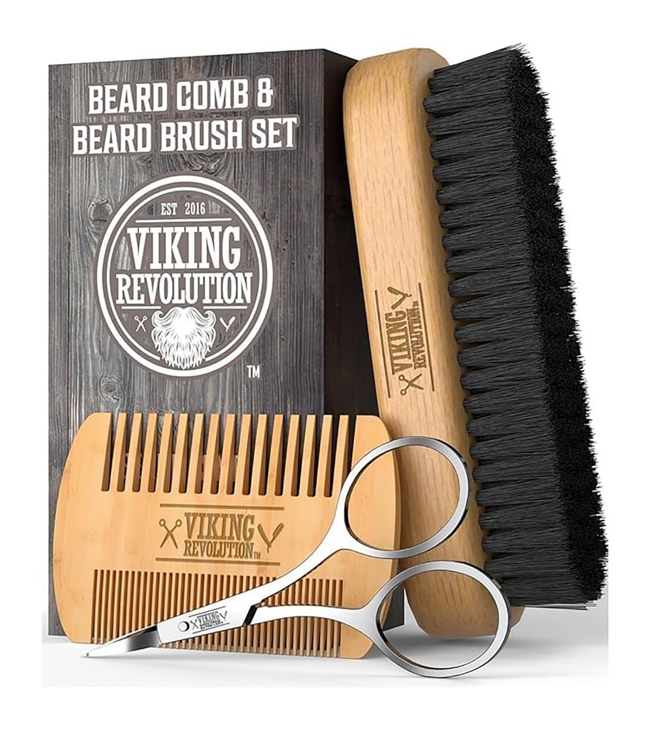 Viking Revolution Beard Comb & Beard Brush komplekts vīriešiem -- dabas Boar Bristle Brush un divējādas darbības bumbieru koka Comb w/Velvet Travel Pouch - Great for Grooming Beards and Mustaches
