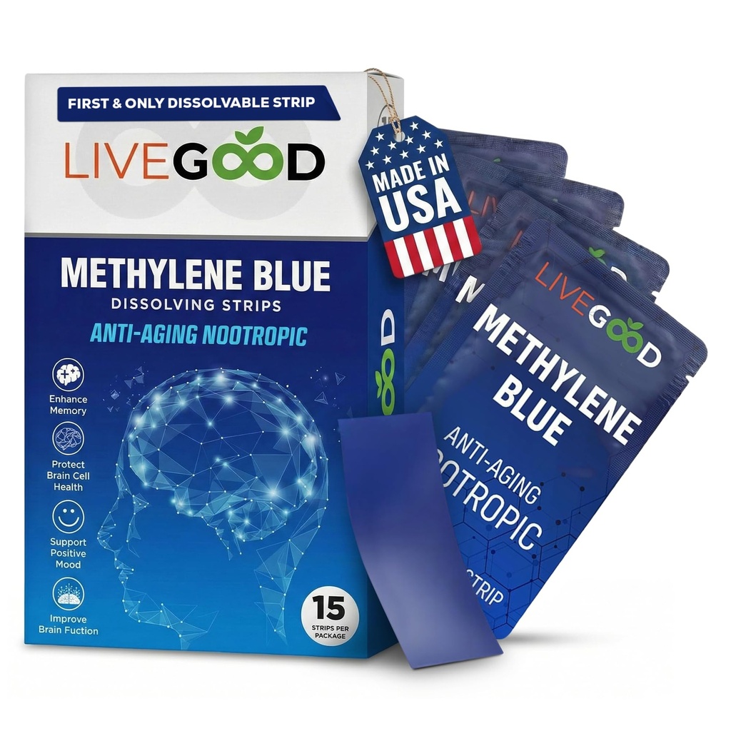 LIVEGOOD Metilēn Blue – Metilēn Blue cilvēkiem, Smadzeņu papildinājumi atmiņas un fokusa, Clarity & Cognitive Energy, Nootrop Brain Support, Ražots ASV, 15 Mutes sloksnes ar 20mg Katra