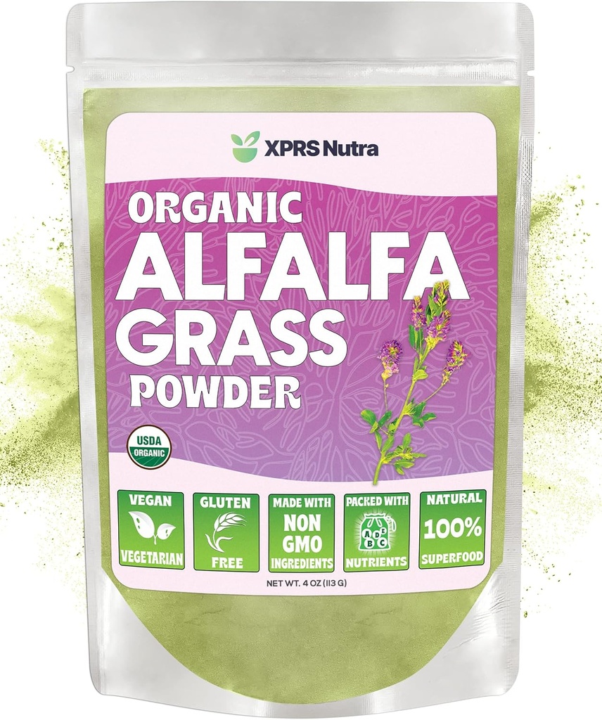 XPRS Nutra Organic Alfalfa pulveris - Premium Vegan papildinājums, kas bagāts ar kalciju, antioksidantiem, vitamīniem - Farmer Alfalfa papildinājums bērniem un pieaugušajiem - Vegan Friendly Healthy Leaf (4 Ounce)
