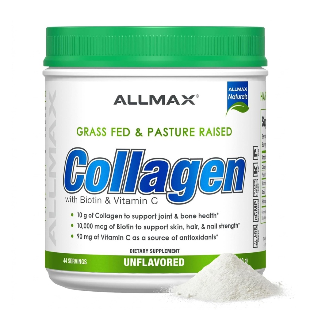 ALLMAX Barošana ar zāles barotni un ganībām Paaugstināts kolagēns ar 10 000 μg Biotīna + 90 mg C vitamīna, Neuzliesmojošs, 15,5 oz (440 g)