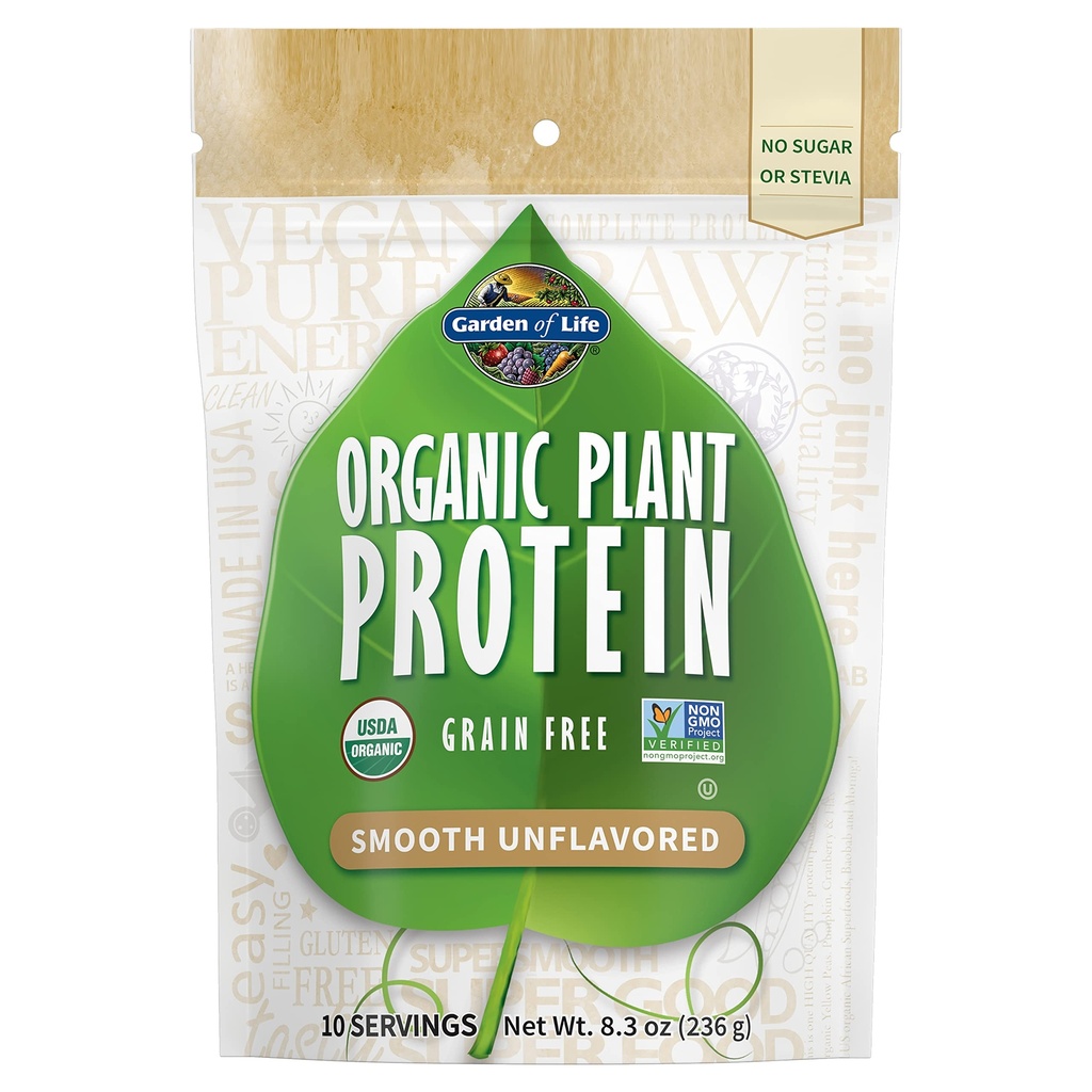 Dabas dārzs Organisko augu proteīns Gluds Neflavored pulveris, 10 Kalpojumi - Vegan, bez graudiem un lipekļa augu bāzes proteīns Shake, 1B KVV probiotikas un fermenti, bez cukura vai Stevia, 15g proteīns