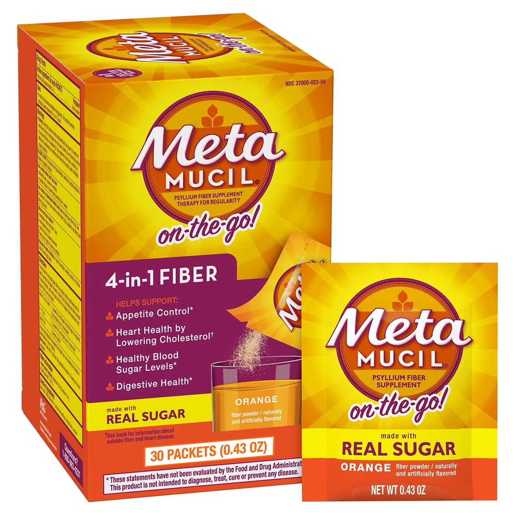 Metamucil on-the-Go, Daily Psyllium Husk pulvera papildinājums ar īstu cukuru, 4-in-1 Fiber gremošanas veselībai, oranžs, gluds uzliesmojošs dzēriens, 2 iepakojums x 30 skaits = 60 iepakojumi Kopā