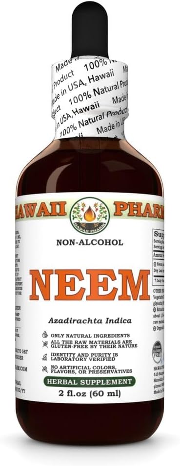 Neem Alkohola nesaturošs šķidruma ekstrakts, Organic Neem (Azadirachta Indica) Sausā lapu glicerīts Natural Herbal Papildinājums, Hawai Pharm, USA 2 fl.oz
