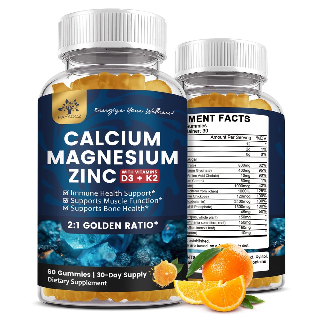 (2 Iepakojums) kalcija magnija cinka gumijas ar vitamīnu D3, K2, B12 un B6 pieaugušajiem, bezcukura magnija glicināts ar kālija jūras mosa papildinājumu, kalcija citrāts kaulu miegam un atbalstam