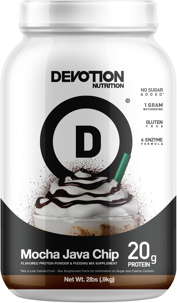 Devotion Nutrition Protein Powder Blend - bez lipekļa, Keto Friendly, Nav pievienots cukurs - 1g MCT - 20g Sūkalu un micelar Protein - 2lb Tub (Mocha Java Chip)