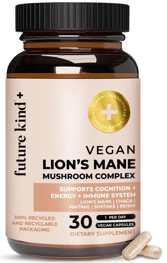 Nākotnes Kind Vegan Lion s Mane sēņu komplekss - smadzeņu papildinājums ar Chaga, Maitake, Shiitake, & Reishi, atbalsta atmiņu un fokusu (30ct)