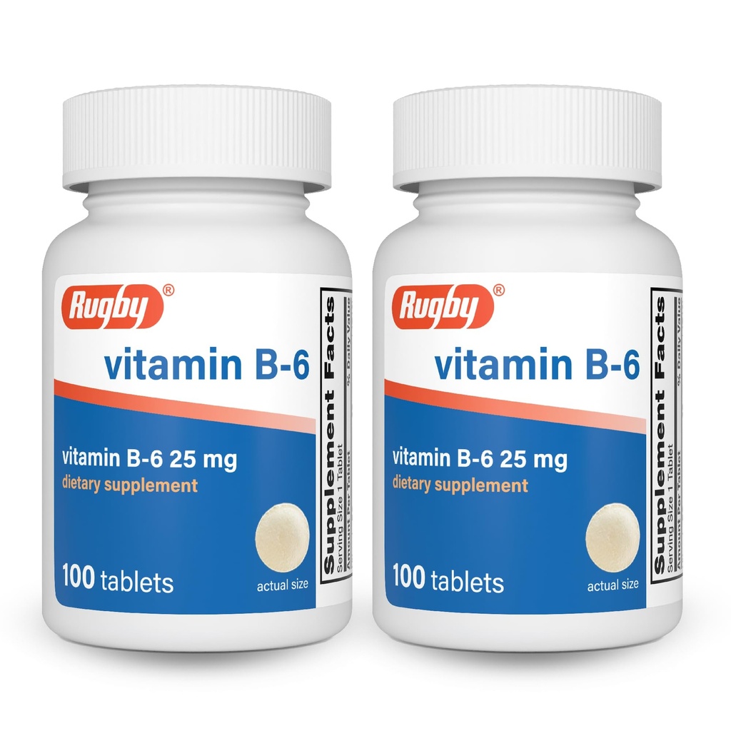 Rugbija B-6 vitamīna tabletes - 25mg vitamīna B6 - uztura bagātinātājs - 100 Skaits (2 iepakojumi)
