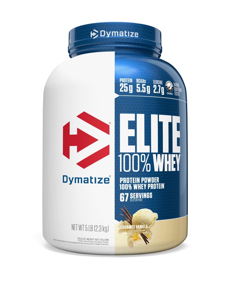 Dimatizēt Elite 100% sūkalu olbaltumvielu pulveris, Vanilla, 25g olbaltumvielu, 5.5g BCAAs, mazāk nekā 140 Cal., lipekļa bez, 2g Carb, 2g Cukurs, 3g tauku (67 Servē)