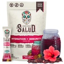 Salud 2-in-1 Hidratācijas paketes + immunitātes elektrolītu pulveris, Hibiscus - Jamaica Agua Fresca dzēriens Mix, plūškoka ogas, bez piena un sojas, ne-GMO, bez lipekļa, vegans, zems kaloriju saturs, 1g cukura (15 Kalpo)