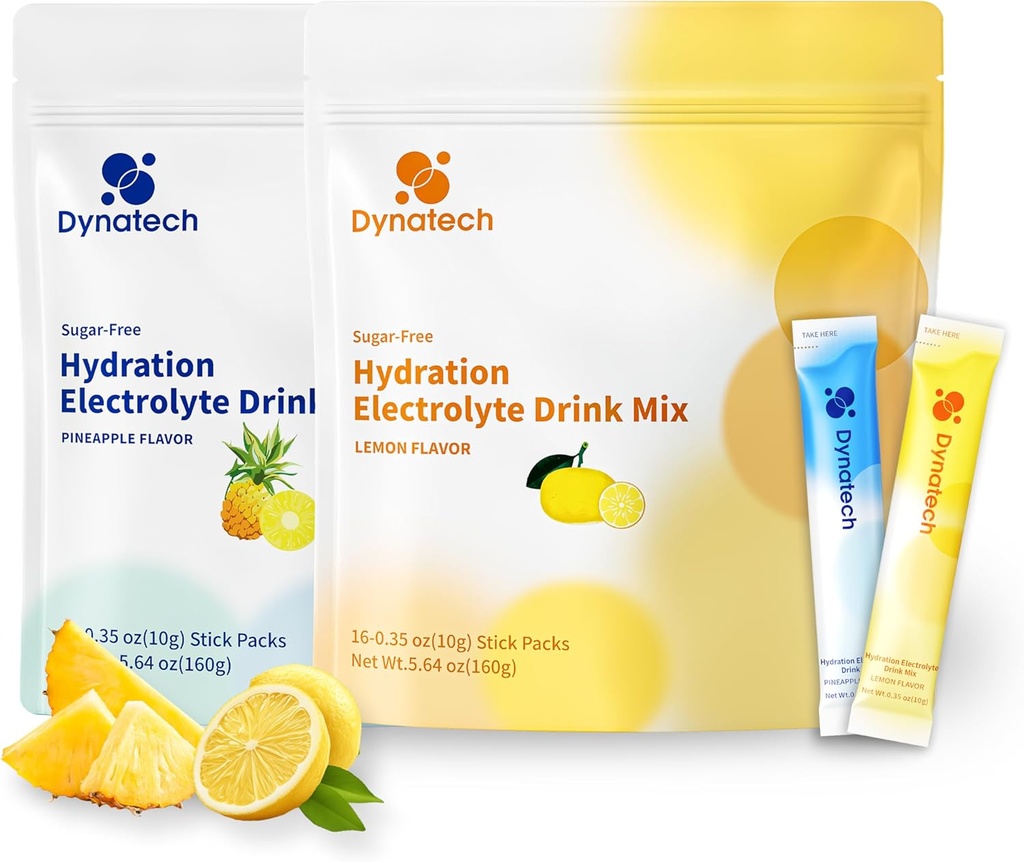 Dynatech Nulles cukura Elektrolītu Dzēriens Mix - Lemon,Pineapple - Hidratācijas pulvera paketes ar 10 Elektrolītiem un vitamīniem, bez GMO, bez lipekļa, vegana elektrolītu pūderpakas, 32 Servējumi