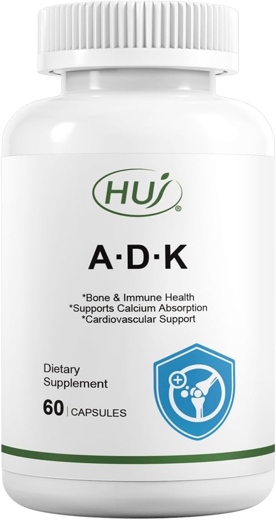 HUJ ADK papildinājums, 60 kapsulas, kalcijs, A, D3, K2 vitamīns (MK-7)