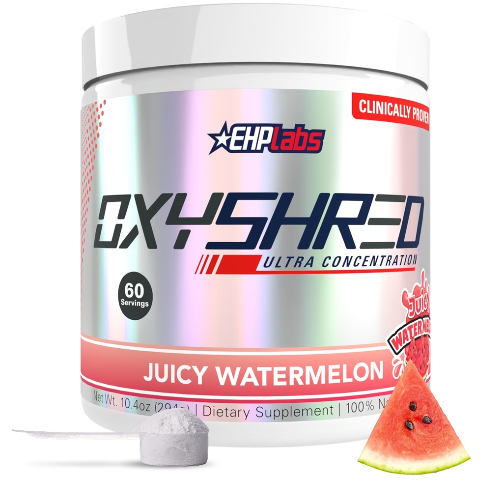 EHP Labs OxyShred pre Workout Pulveris - Preworkout Pulveris ar L Glutamine & Acetyl L karnitīns, Enerģijas Boost Dzēriens - Sulīgs Arbūzs, 60 Pasniedz