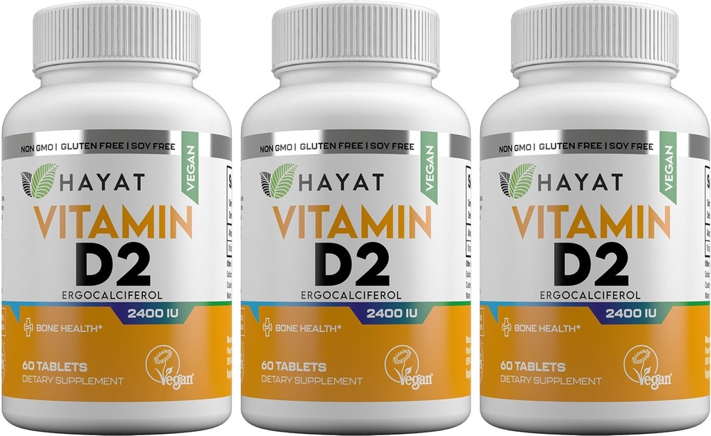 HAYAT Vitamīni Vegan Natural vitamīns D 2400 SV, D2, Certified Halal (iepakojums no 3)