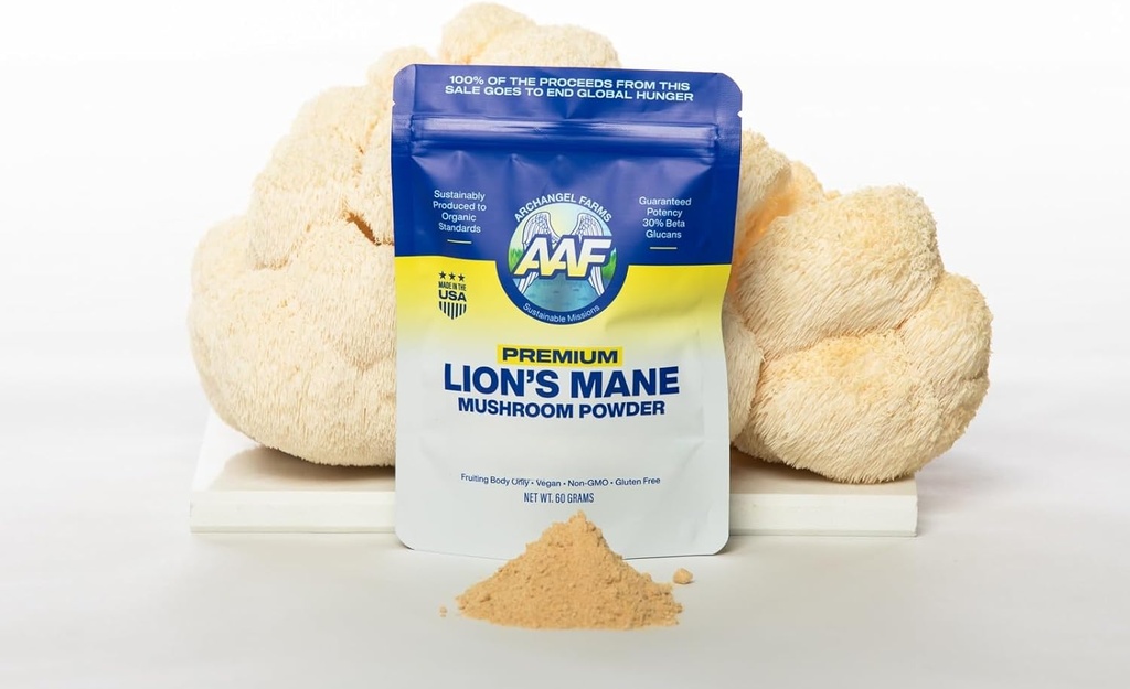 Lion's Mane sēņu pulveris, smadzeņu papildinājums atmiņai un fokusam, pārbaudīts Beta-Glucan, gremošanas un imūnās atbalsta papildinājums, Organic & Non-GMO, 60g, 60 dienu piegādes
