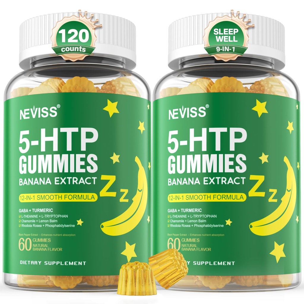 5-HTP Gumijas + GABA - bez melatonīna - relaksācija Gumijas ar banānu ekstraktu, L-teanīnu, L-triptofānu, D3 vitamīnu veselīgam atpūtas ciklam un Circadian ritmu, smadzeņu funkciju un muskuļu relaksāciju, iepakojumā 2