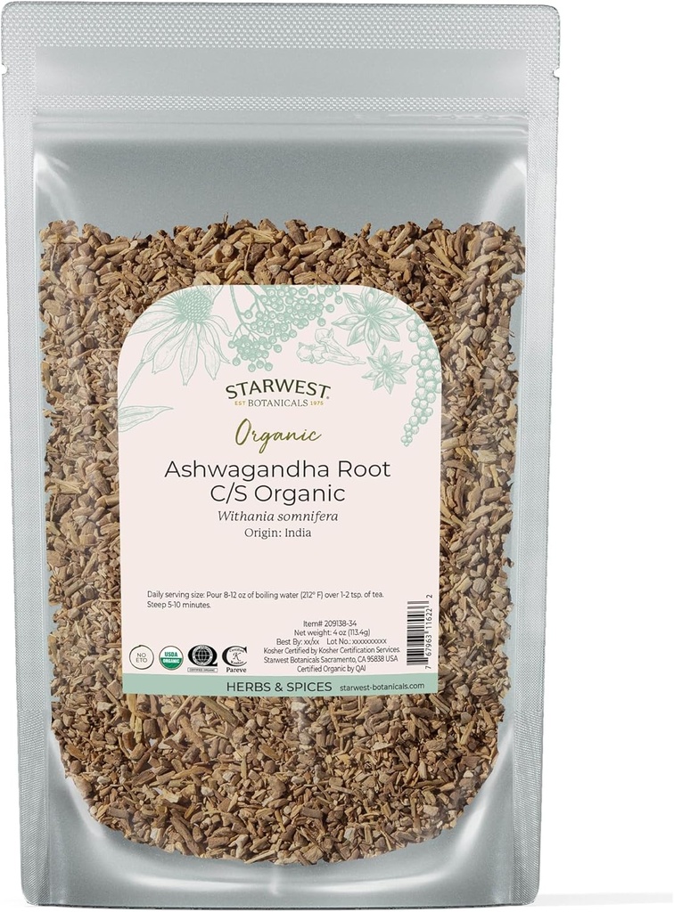 Zvaigznes Botānika Organic Ashwagandha Sakne sievietēm un vīriešiem - Kaltēts ārstniecības augu tējai, kapsulas, & Dabiskie augu sveces, cut & sifted, Certified Kosher, Non-GMO - 4oz Pouch