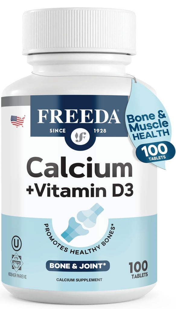 FREEDA 600 mg kalcija ar vitamīnu D3 400 SV – kaulu balsta papildinājums – Košera, bezglutēna, viegli apvalkotas tabletes sievietēm un vīriešiem (100 Ct)