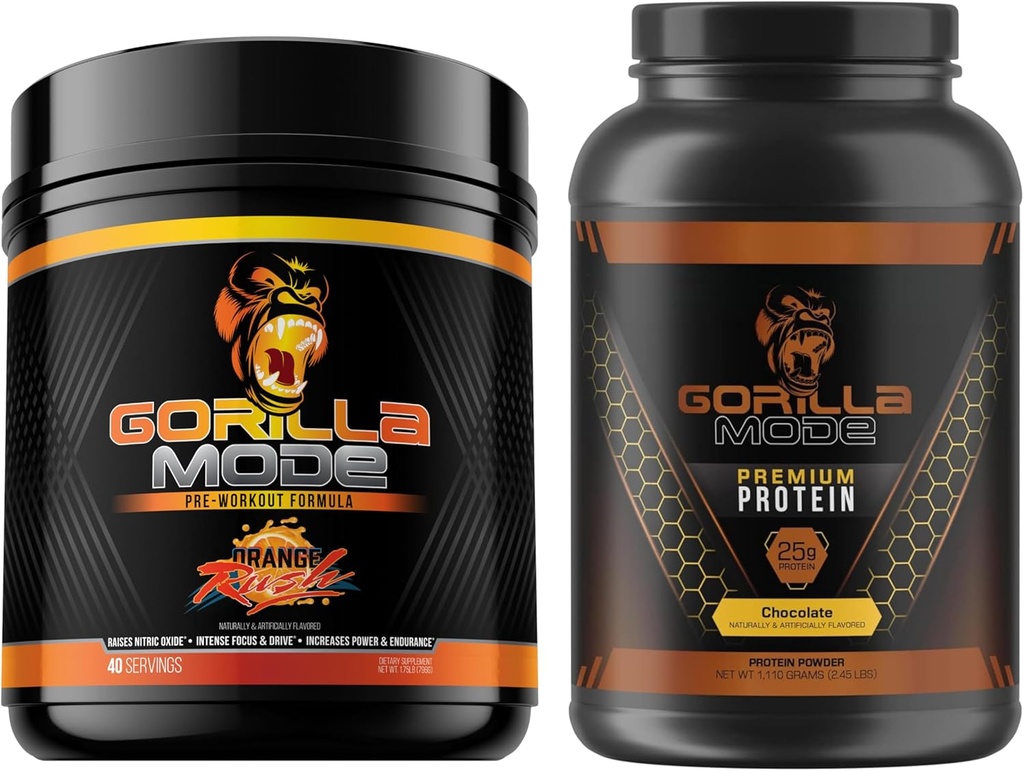 Gorilla Mind Pre Workout (Orange Rush) + Premium sūkalu proteīns (hocolāts) - visaptverošs kaudze degvielas maksimālo rezultātu