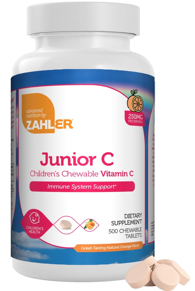 Zahler Junior C Advanced Košļājams bērniem - Delicious Orange Flavor - Kosher Kids Immunity - vitamīns C Košļājams antioksidants - (500 grāfs)