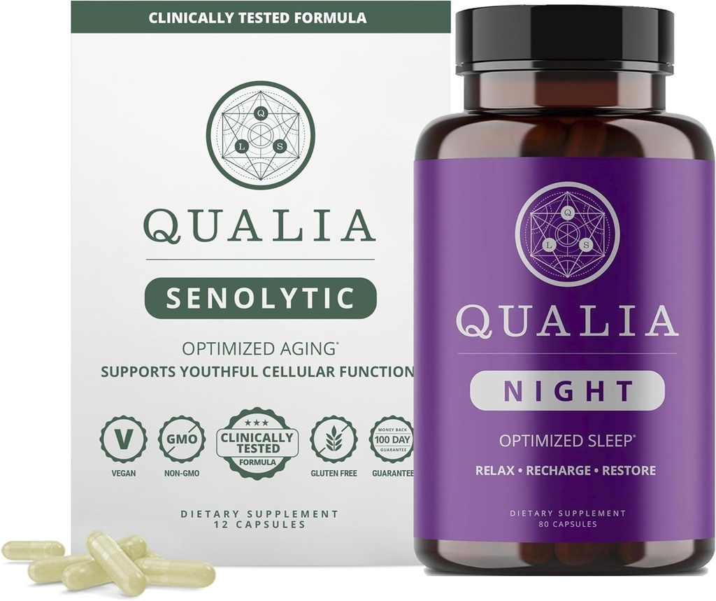 Qualia Life Sciences Bundle Qualia Night & Qualia Senolītiski, zinātnes atbalstīti papildinājumi dziļai atsvaidzināšanai miegam un optimālam šūnu remontam
