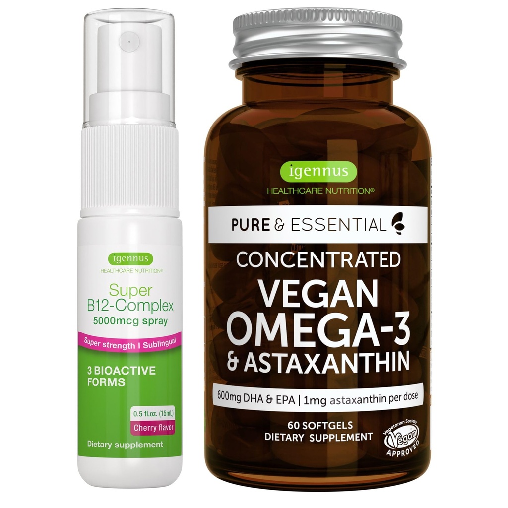 Vegan Omega-3 Aļģu eļļa + Super B12-Complex 5000mkg Vegan Bundle, augstas koncentrācijas DHA un EPA + augstas koncentrācijas B12 Ķiršu Līgavas zemmēles smidzināšana, ko veic Igennus