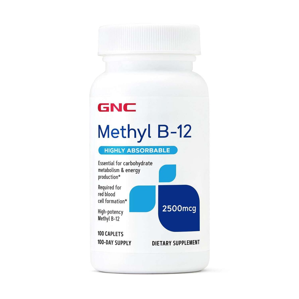GNC Metil-B12 2500mcg papildinājums, būtisks ogļhidrātu vielmaiņas un enerģijas ražošanai, 100 Servējumi