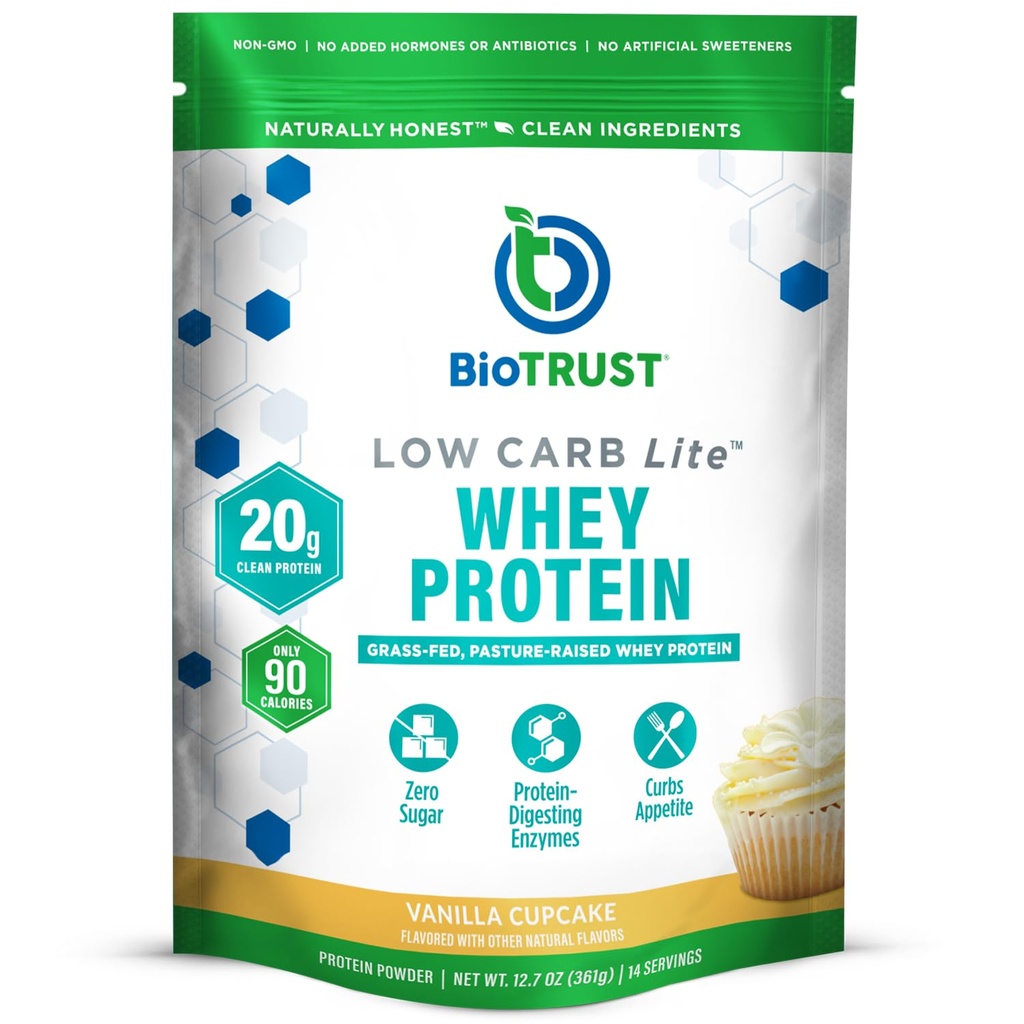 BioTrust Low Carb Lite, 20 Grams ar zāli barotu sūkalu proteīnu izolātu, 100 kalorijas, prohidrolāzes gremošanas fermentus, ne-ĢMO, bez sojas un glutēna, rBGH-free (14 Kalpojumi) (Vanilla Cupcake)