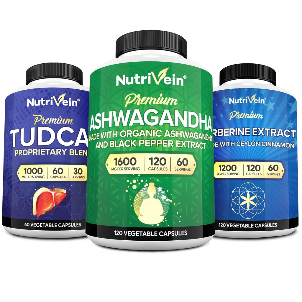 Nutrivein Premium TUDCA, berberīnu piedevas un Ashwagandha papildinājumi Bandle: High-Absorbtion Berberine Complex, Ashwagandha Root Extract, & TUDCA Detox, Vitality & Well-Being