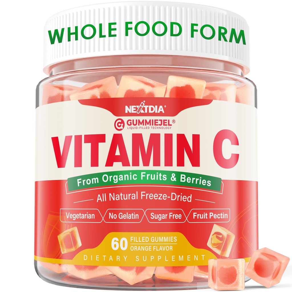 Organic vitamīns C Gumies 120mg pieaugušajiem, bez cukura, ikdienas imūnās aizsardzības, Raw Antioxidant, 100% Viss pārtikas košļājamā C vitamīna Papildinājums no 1200mg Ogas un augļi kolagēna, Vegan, 60 grāfi