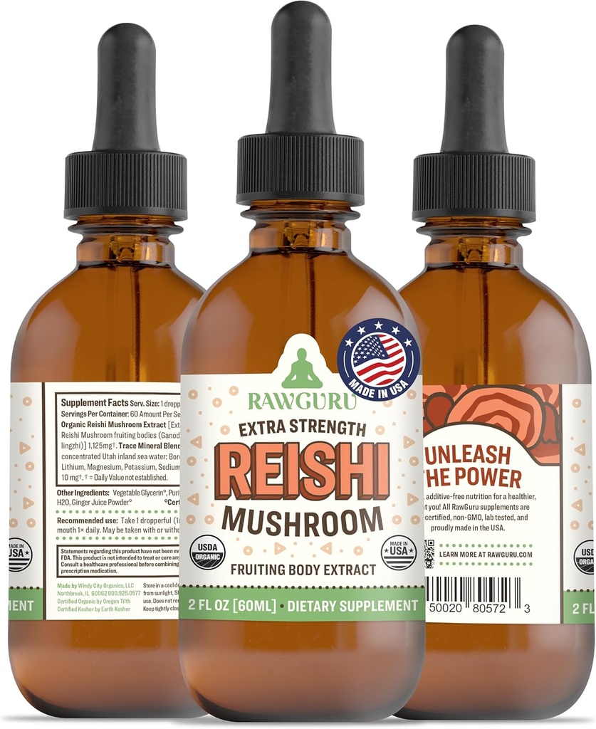 RawGuru Organic Reishi Sēņu Tincture - Reishi Sēņu ekstrakts ar dabīgām trace Minerals - Nano-Processed Cognitive & Imūnatbalsta papildinājums - 60 Servisi Vegan Drops uz 60 ml, iepakojumā 1