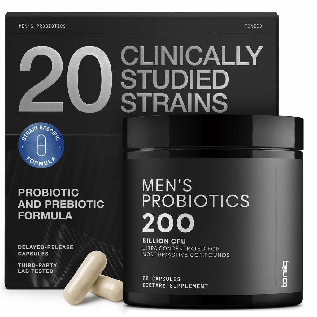 Toniiq Mens Probiotics ar 20 pārbaudītiem celmiem – 200 Bilion KVV + 200mg FOS Prebiotic – Mens Probiotics Gut Health - Auksts-Chain & Aizkavēts-Release – Lab-Tested Synbiotic Formula