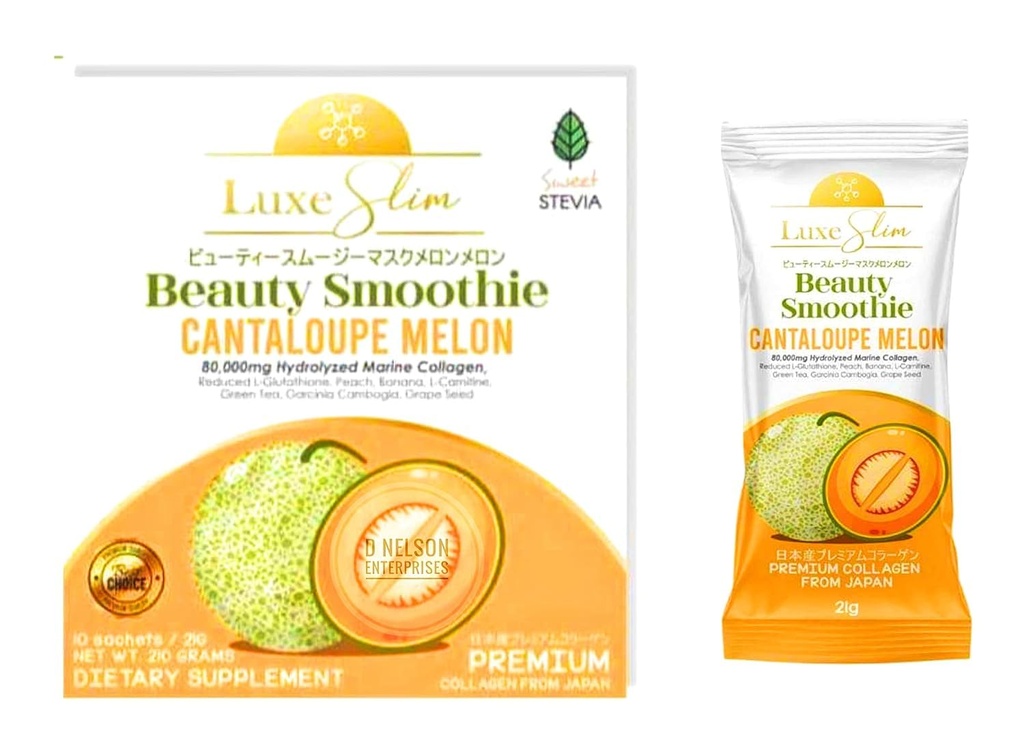 Skaistums Smoothie Cantaloupe Melon, 80 000mg Hidrolizēts Marine Collagen, 21gx10 Sachets, 7.4075 Ounce
