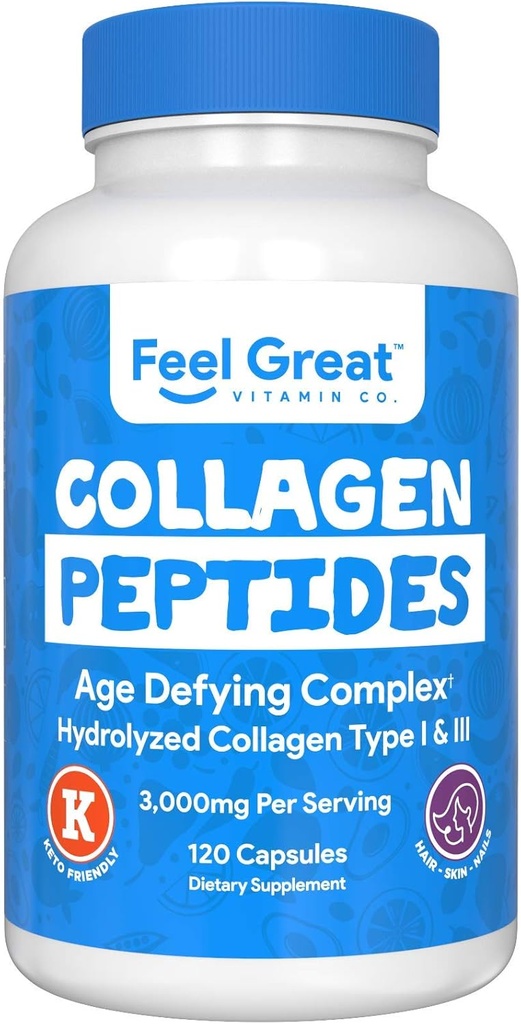 Hidrolizēti kolagēna peptīdi Pulverveida kapsulas (I un III tips) ar Feel Great Vitamīnu Co. -- bez kviešiem, Keto & Paleo Friendly --- kolagēna pulvera papildinājums matiem, ādai un nagiem