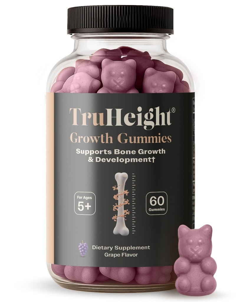 TruHeight Growge Gumies (Grape) Dabas augšanas un attīstības papildinājums bērniem un pusaudžiem - vitamīns D, K, Kalcijs un ašvaganda - Kaulu spēks Vitamīni D3 K2 - Picky Eater Vitamīni bērniem - laikmets 5+