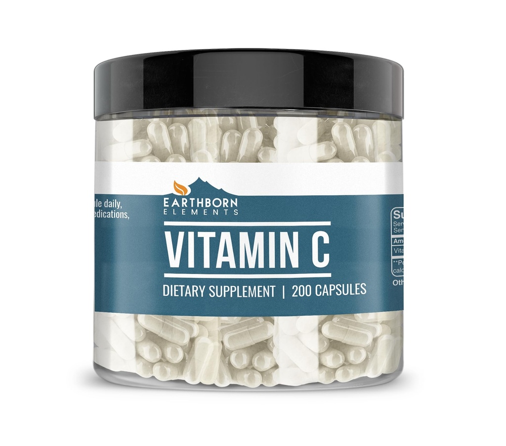 Earthborn Elements C vitamīns 200 Kapsulas, tīras un neatšķaidītas, bez piedevām