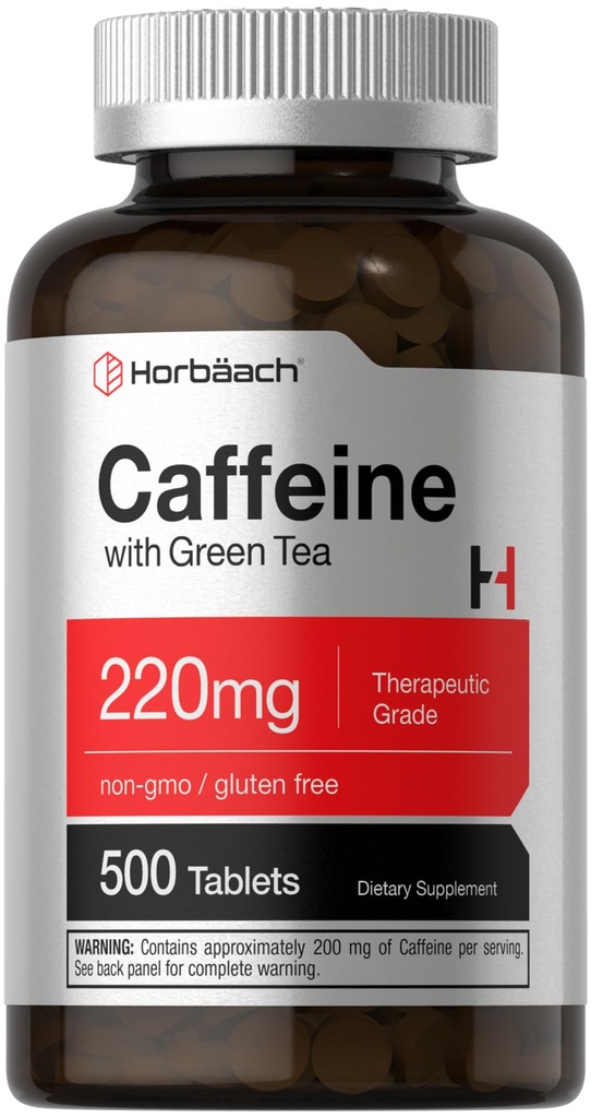 Horbäach kofeīns tabletes 220mg ar zaļo tēju            ; 500 tabletes ; Veģetārs, bez GMO un lipekļa