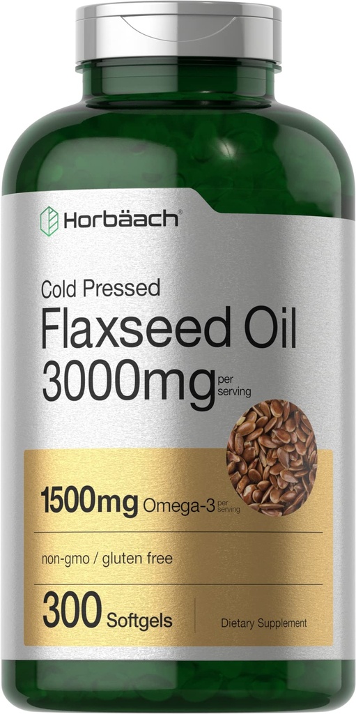 Horbäach Linsēklu eļļa Softgel Kapsulas 3000mg - 300 Skaits - Augsta potence - ar Omega 3 6 9 -- Ne-GMO, bez lipekļa -- Auksti presētas Linsēklas