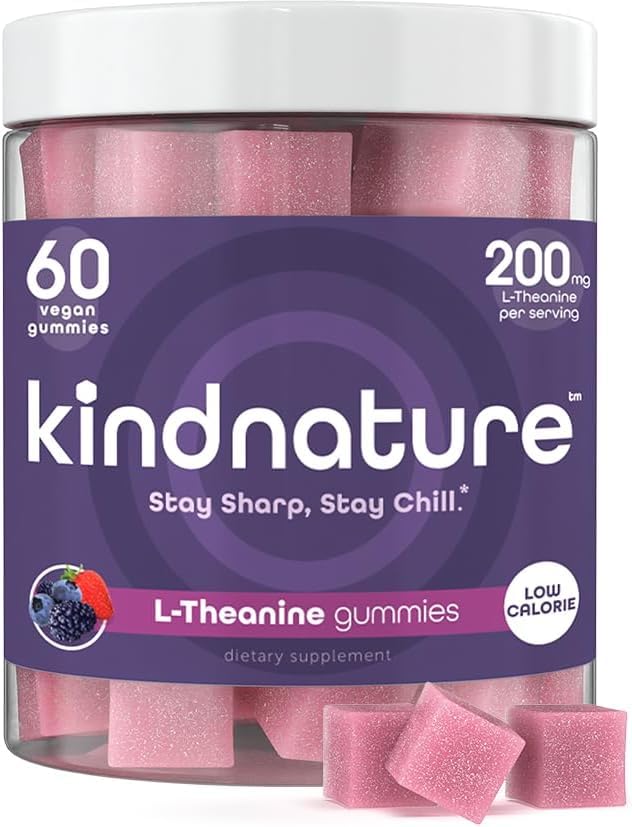 kindnature L-Teanine Gummies 200mg – Vegan Calm & Focus Papildinājums pieaugušajiem un bērniem vecumā 4+ – Jaukts ogu košļājams, ar zemu cukura saturu, bez pārsega