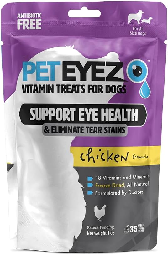 PetEyez Tear Remoper Vitamīnus suņiem - Atbalsts Acu veselība & Samazināt nieze & Tear Stain Buildup - 100% Natural Dog Treats w/Superfoods, Antioksidanti un uzturvielas - Vistas Flavor - 1oz