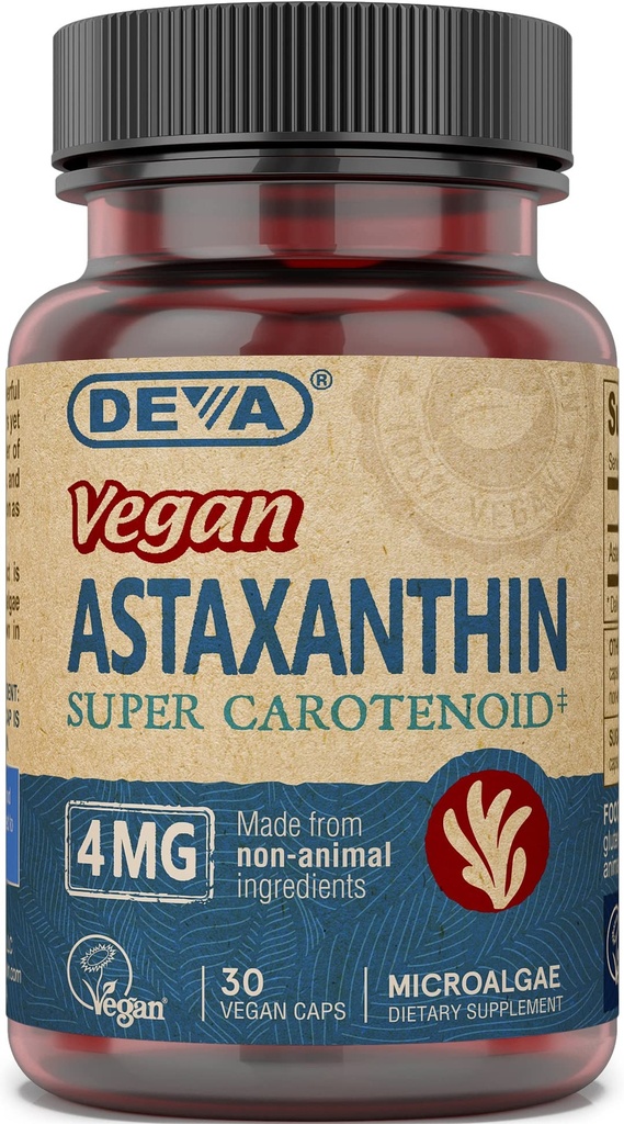 DEVA Nutrition Vitamīni Astaksantīns 4 mg, Vegan, Izgatavots no Haematococcus Pluvialis Microalgae, 30 kapsulas, 2- iepakojums