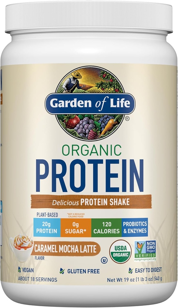 Garden of Life Vegan Protein Powder - Karamel Mocha Latte - 20g augu proteīns, BCAAs, probiotikas un gremošanas enzīmi - bez lipekļa, ne-GMO
