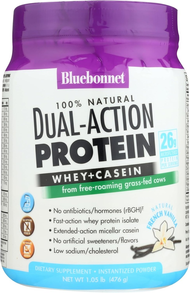 Bluebonnet Nutrition Dual-Action Protein Powder, Sūkalas no zāles barotām govīm, Bez pievienotā cukura, ne ĢMO, bez glutēna un sojas, Košera piena, Francijas Vanilla Flavor, pelēkbalts, 16,8 Oz