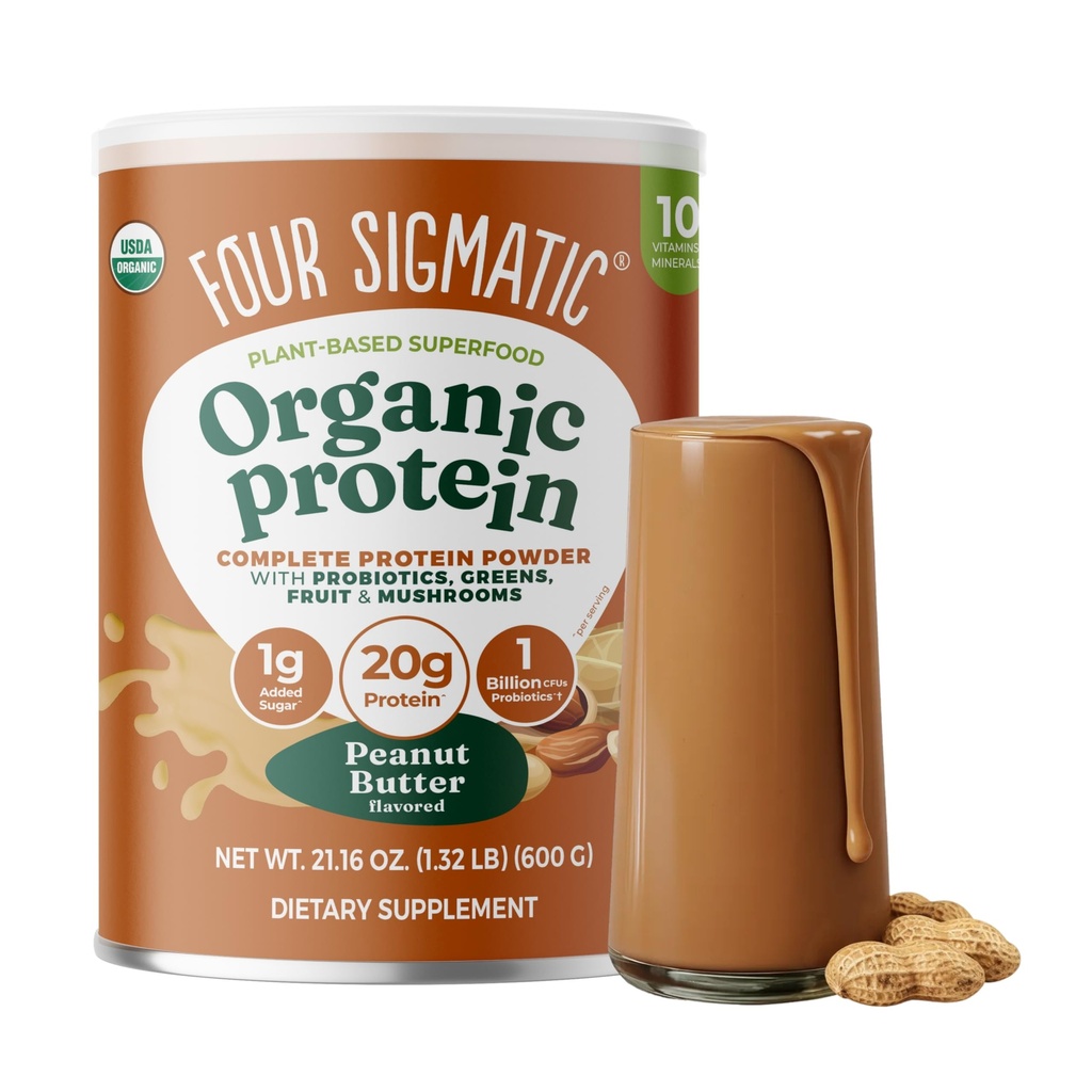 Four Sigmatic Organic augu bāzes proteīns Pulveris Zemesriekstu sviesta proteīns ar Lauvas krēpes, Chaga, Cordyceps un vairāk 