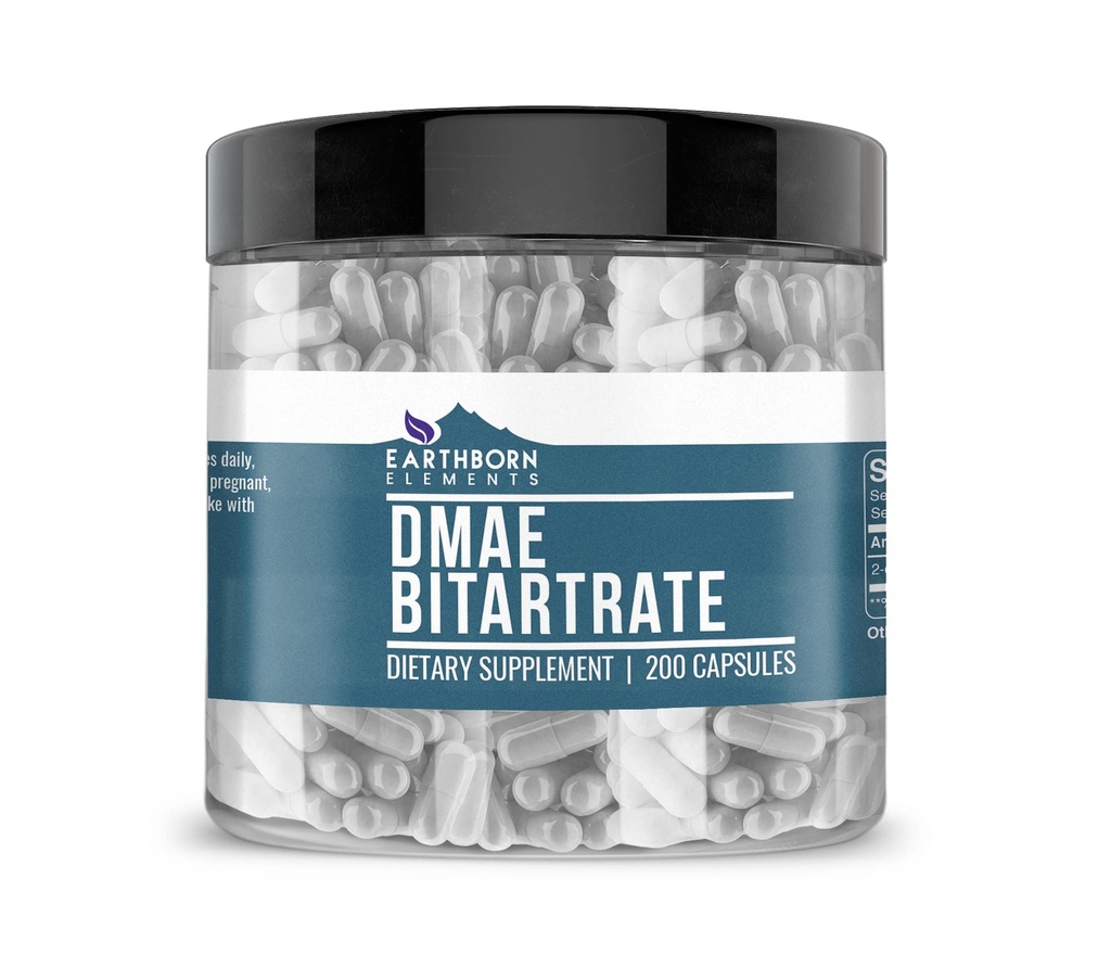 Earthborn Elements DMAE Bitartrāte 200 Kapsulas, tīras un neatšķaidītas, bez piedevām