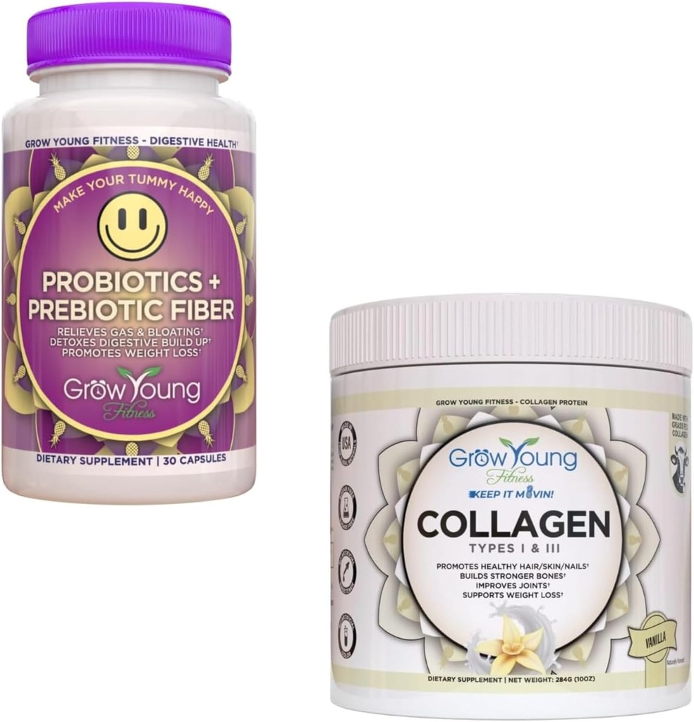 Aug Young Fitness Probiotikas un Vanilla Collagen - Atbalsta Gremošanas veselību un veicina ādas un kaulu - (1) 30-Pack Probiotikas + 12.4oz Vanilla Collagen Pulveris
