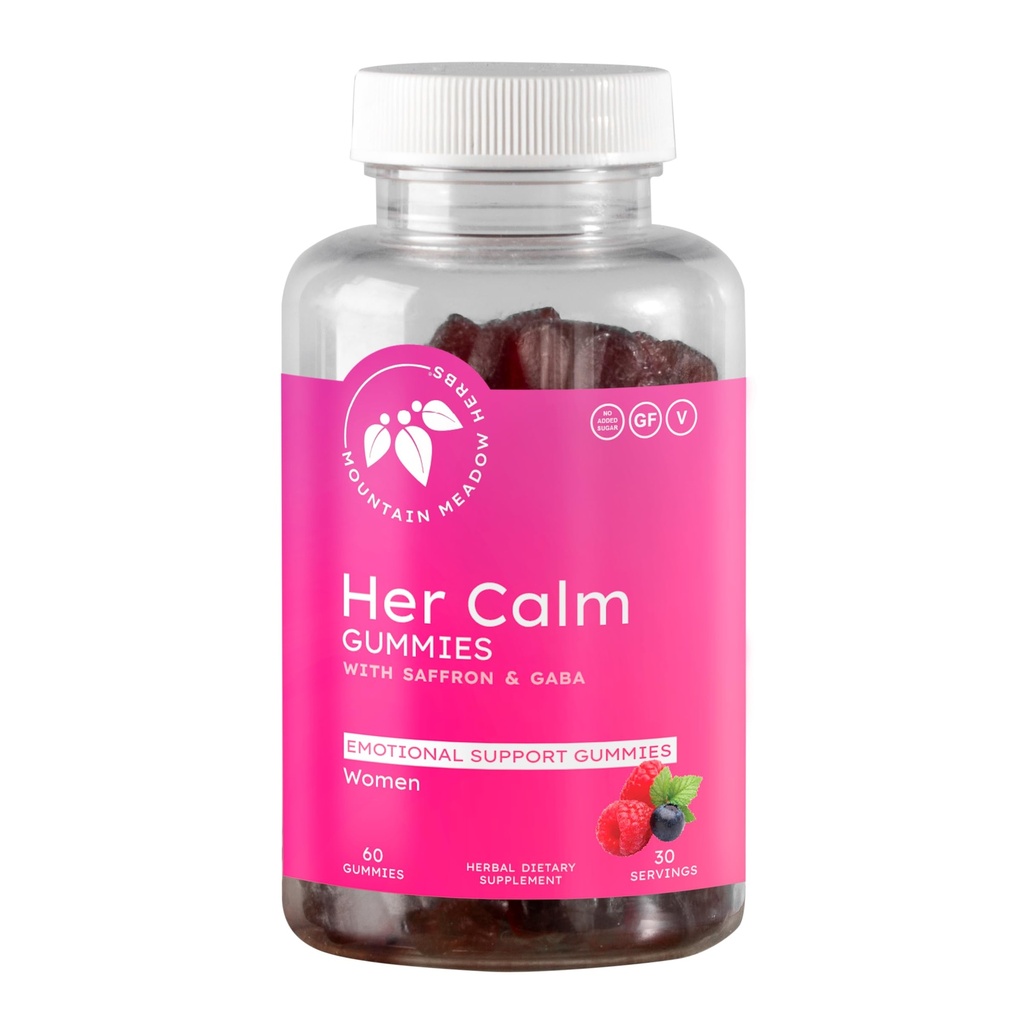 Kalnu pļavas her calm Gummies – dabīgs koka atbalsts ar safronu, Passion Flower, asinszāle, GABA – stresa atvieglošanas papildinājums sievietēm – 60 sn