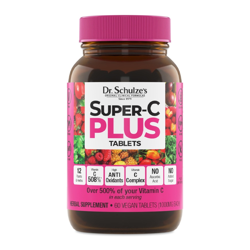 Dr. Schulze Super-C Plus - C vitamīna papildinājums imūnās sistēmas atbalstam - ādas veselība un antioksidantu atbalsts - augstas devas formula - augu bāzes Superfood - bez lipekļa un vegāna - 60 grāvis (20 Kalpo)