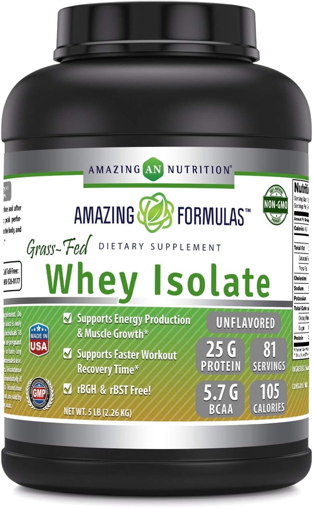Amazing Formulas Grass-Fed Whey Protein Isolāts - 25 Grams Protein Per Serving - 5 Lbs (2.26 Kg) - 5,7 Grams BCAA -Ražots ASV (5 Lb, Neflavored)
