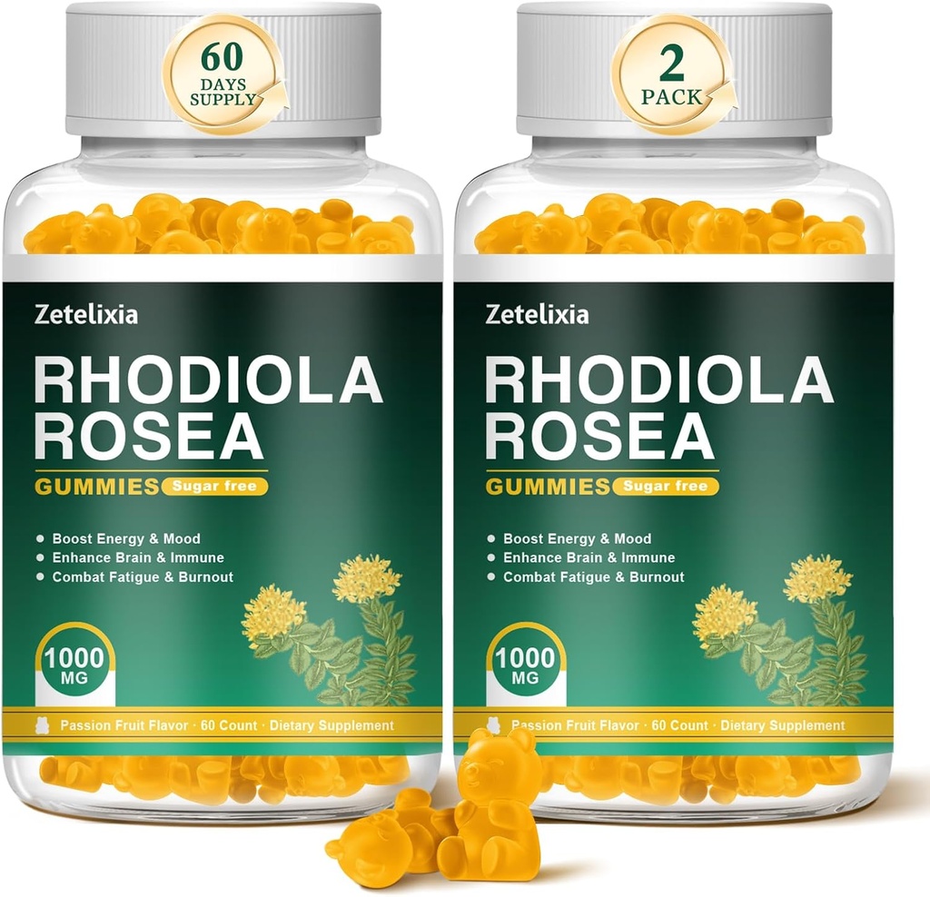 2 Iepakojums Bezcukura Rhodiola Rosea Gumies 1000mg, Rhodiola Rosea Papildinājums sievietēm un vīriešiem, Atbalsts izturība, Mood & Energy, Non-GMO, Vegan, 120 Count